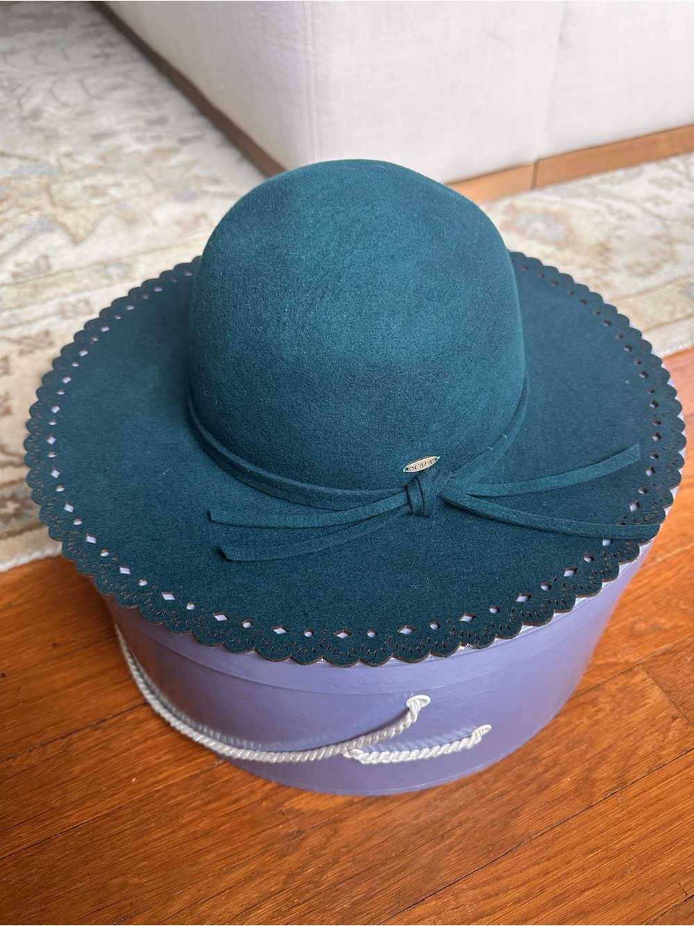 Scala Collezioni 100% Wool Deep Teal Wide Brim Floppy Hat Scalloped Bow One Size
